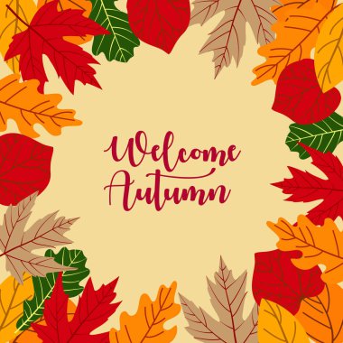 Sonbahar arkaplanı yapraklar ve harfli merhaba güz. Moda tarzında sonbahar vektör arkaplanı. Sonbahar indirimleri, promosyonlar veya davetiyeler için mevsimlik afiş veya tebrik kartı.