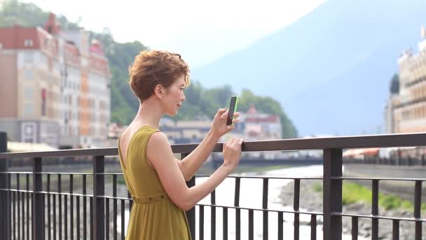 Beautiful Woman Takes Selfie Smartphone Background City Travel Tourists Summer — Stock Video