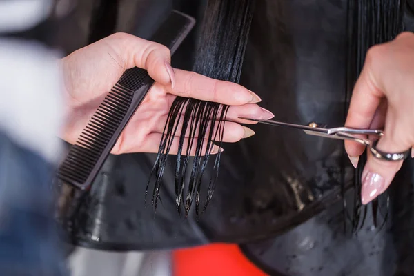 Parrucchiere Femminile Tiene Pettine Mano Forbici Vicino Restauro Cheratina Ultima — Foto Stock