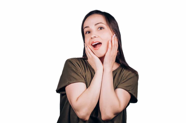 Mulher Surpreso Alegre Com Sorriso Olhando Para Câmera Close Retrato — Fotografia de Stock