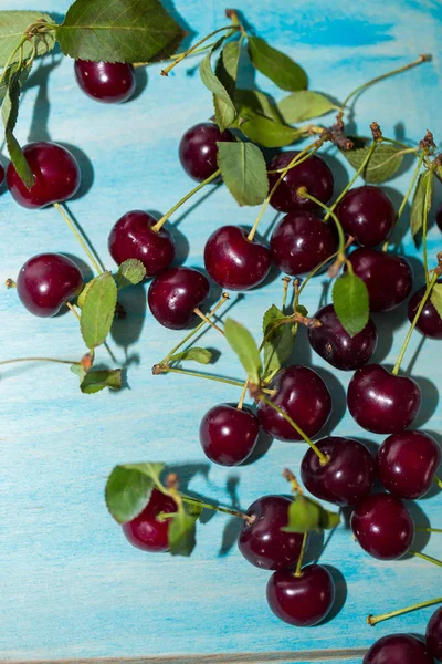 Red Cherries Blue Background Close — Stock Photo, Image