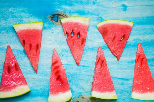 Draufsicht Auf Stücke Von Reifen Wassermelonen Auf Blauem Hintergrund Gesunde — Stockfoto