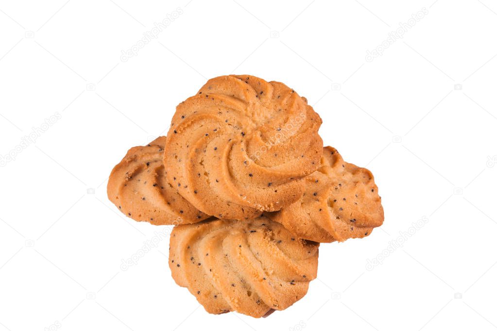 Delicious sweet cookies with poppy seeds on white isolate background closeup