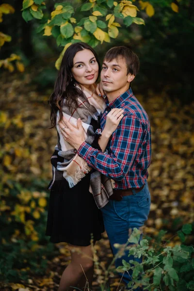 Sonbahar Ormandaki Mesafe Içine Arıyorum Genç Çekici Çift — Stok fotoğraf