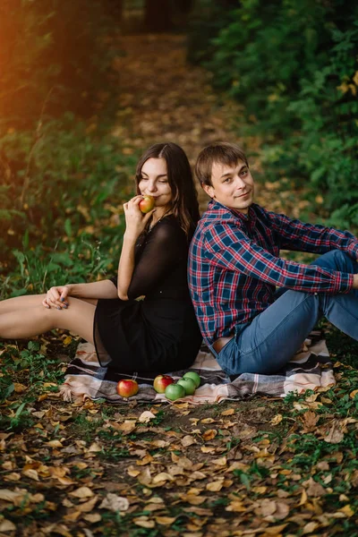 Bella Giovane Coppia Nella Foresta Autunnale Amore Felicità Concetto — Foto Stock