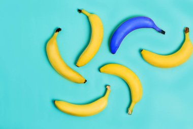 Düz renkli arka plan üzerinde bir mavi muz ve beş sarı yatıyordu. Benzersizlik kavramı, bir ve sadece