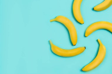 Flat lay of bananas on blue background with copy space clipart