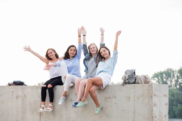 Щасливі Жінки Друзі Розважаються Вихідних Пікніку Відкритому Повітрі Молоді Усміхнені — стокове фото