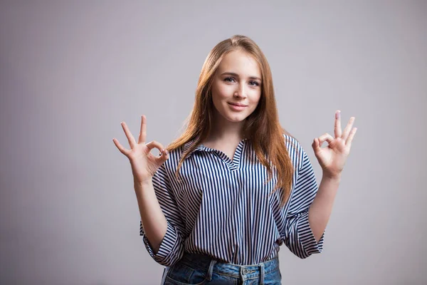 Truly Charming Red Haired Girl Two Hands Showing Sign Gray — Stock Photo, Image