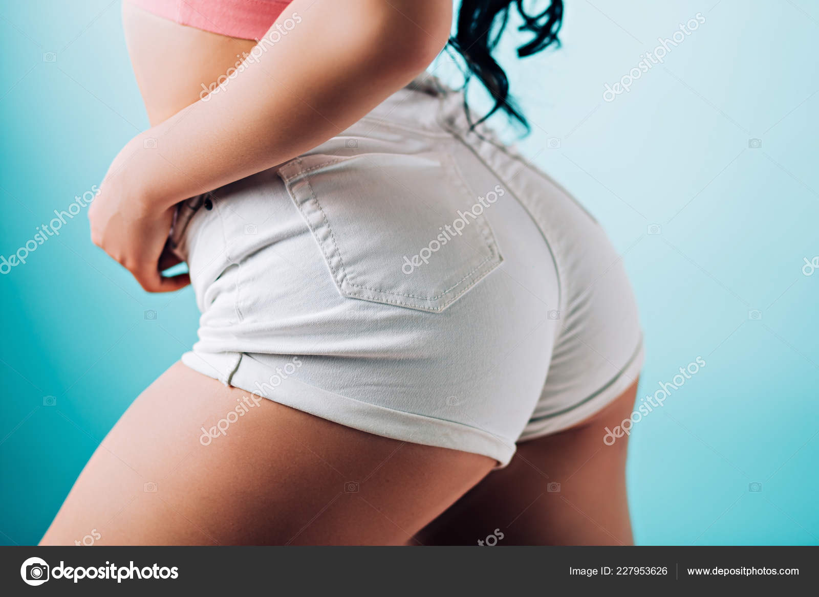 Close Beautiful Big Booty Woman White Short Shorts Blue Background Stock Photo by ©liliyabatyrova@mail.ru 227953626 Porn Pic Hd