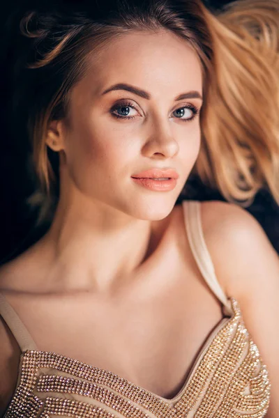 Closeup Portrait Beautiful Elegant Blonde Woman New Year Young Girl — Stock Photo, Image