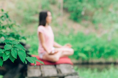 Bir kadın bir yoga poz ve meditasyon doğada bulanık fotoğraf. Yeşil odakta bırakır. Sağlıklı kavramı