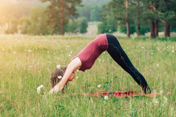 Fitness, sports, yoga in nature Health happiness concept. brunette woman in Burgundy top and black leggings doing yoga in nature