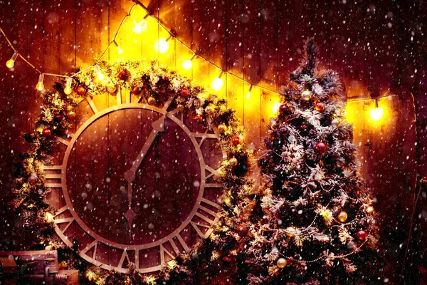 Christmas Scene Tree Gifts Fire Background Old Big Street Clock — Stock Photo, Image