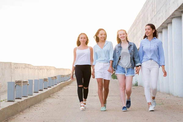 Felice Gruppo Amiche Che Camminano All Aperto Parlano Divertono Sorridono — Foto Stock