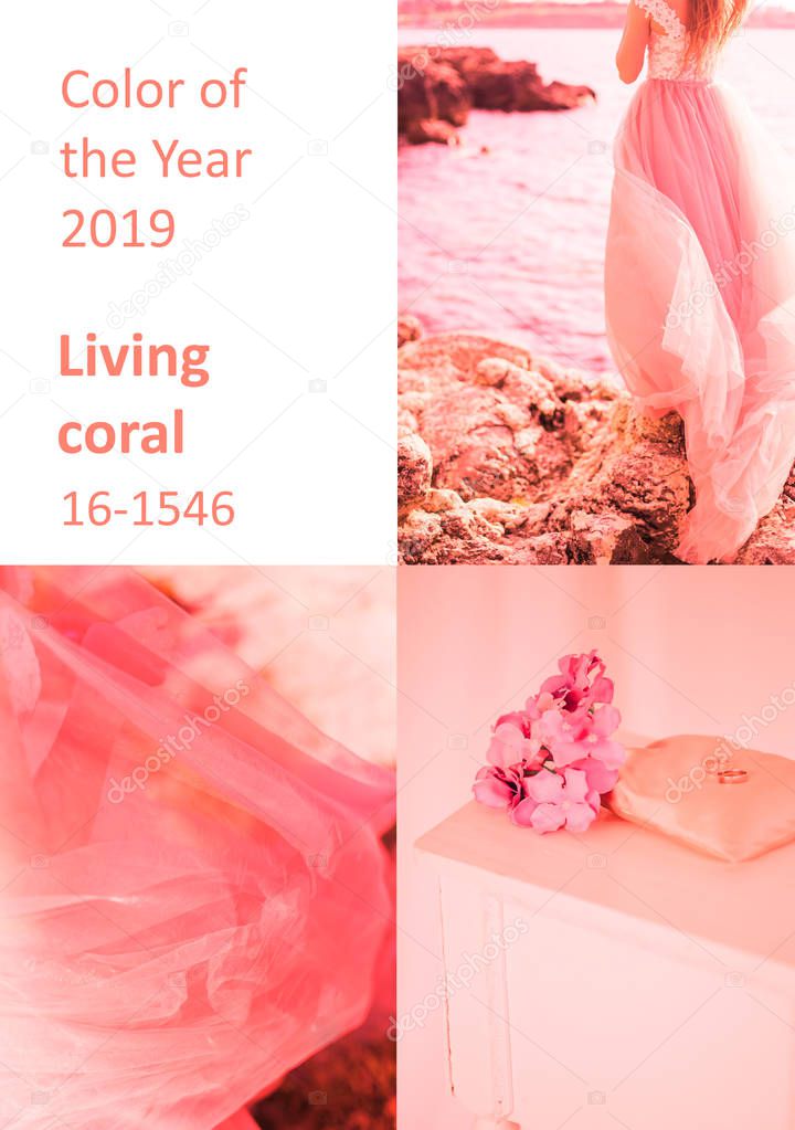 Color of the Year 2019 Living Coral inscription. New trends, collage of photos of coral shade