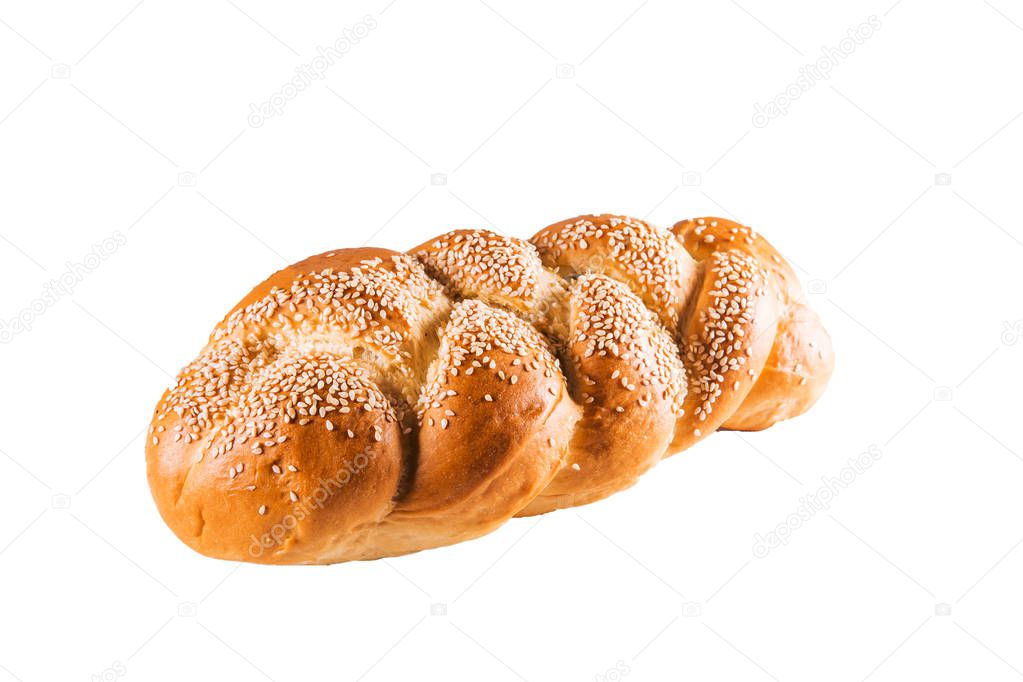 Delicious baguette with sesame on white isolate background