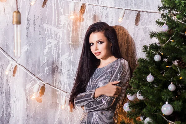 Holidays Celebration People Concept Young Woman Elegant Dress Christmas Interior — Stock Photo, Image
