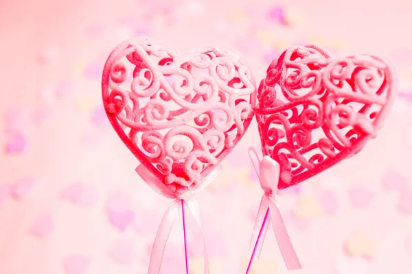 Closeup Two Pink Hearts Blue Background Selective Focus Stock Picture