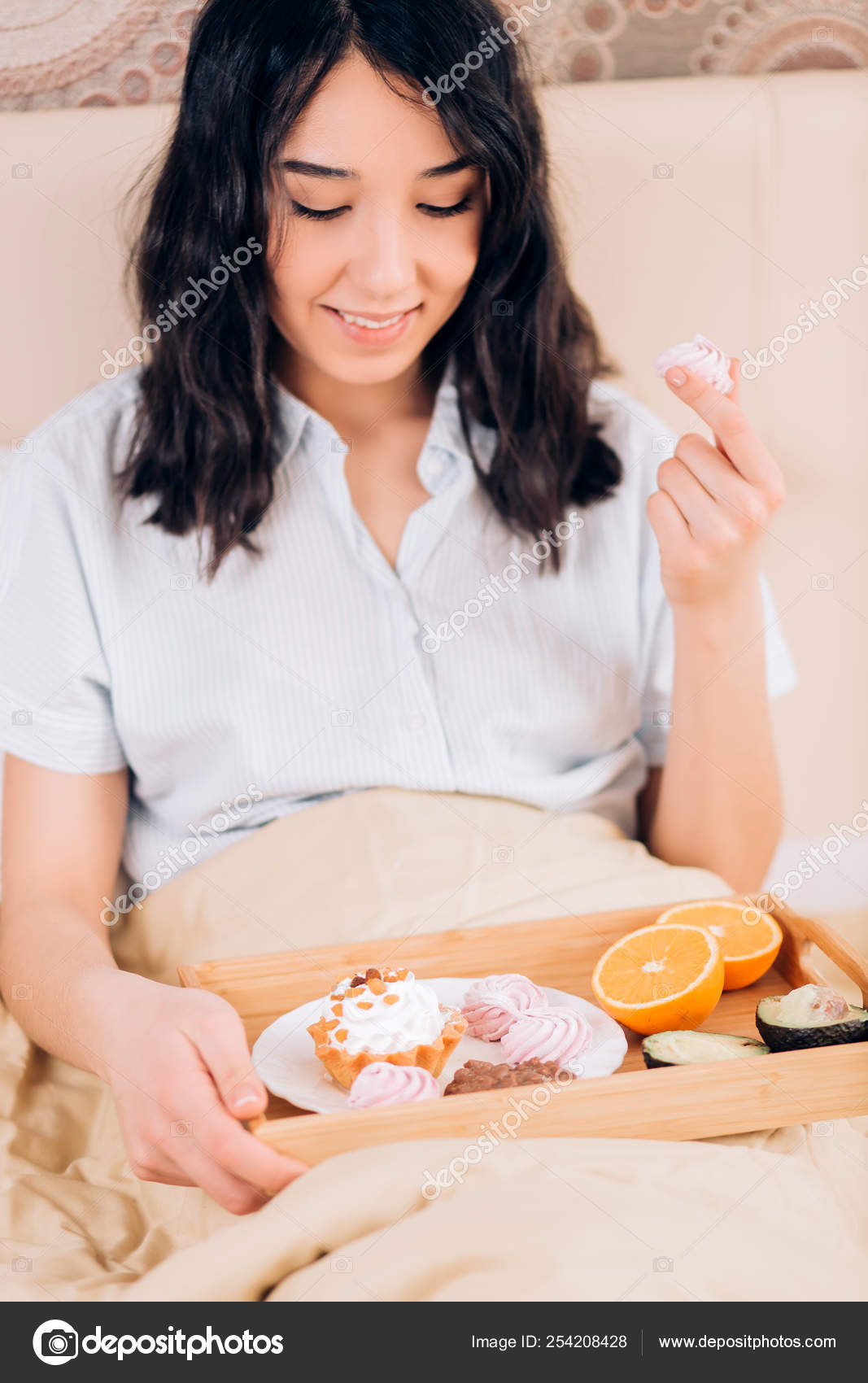 Beautiful Awesome Dark Haired Woman Having Tasty Breakfast In Bed