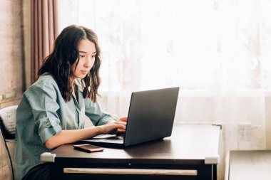 Evde dizüstü bilgisayar kullanan mutlu genç bir kadın.