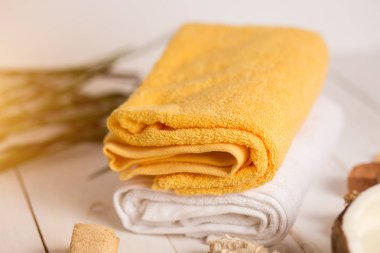 Beyaz arka planda Hindistan cevizi, Spa ürünleri, kahve fırçalama, havlu ve deniz kabukları