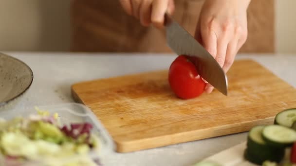 Närbild Kvinna Som Gör Sallad Färska Grönsaker Skära Röd Mogen — Stockvideo