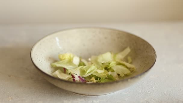 近距离烹饪美味的新鲜蔬菜沙拉 盘子里飘着卷心菜 阿鲁古拉 西红柿 健康食品 — 图库视频影像
