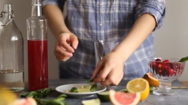 Masada limon, nane, kızılcık ve greyfurt lezzetli yaz taze soğuk kokteyl hazırlayan barmen kadın Closeup