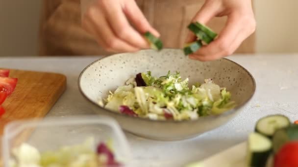 Primo Piano Una Donna Che Prepara Insalata Fresca Verdure — Video Stock