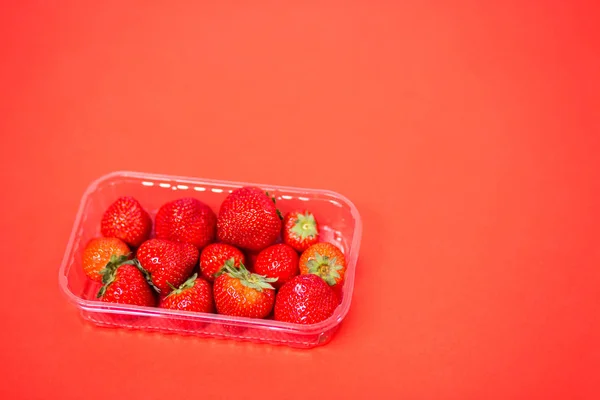 Plastic container with ripe strawberries isolated on red backgro
