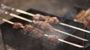 Yaz veya bahar barbekü açık karahindiba ve çeşitli sebze, baharatlı yedek kaburga ve tavuk bacakları ateşte ızgara ile bir futbol topu ile bir çayır açık