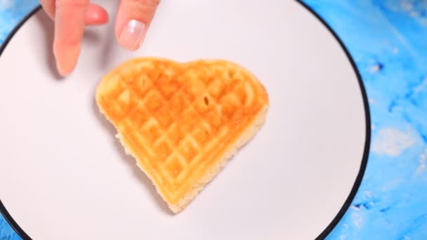 Closeup Woman Hand Lays Out Fresh Waffles White Plate Blue — Stock Video