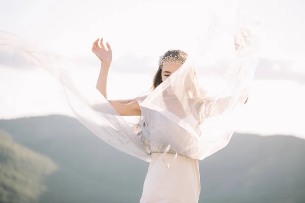 Bella ragazza, sposa felice in un bianco avvolgimento nel vento abito orologi con un sorriso, tulle copre il viso del pavimento — Foto Stock