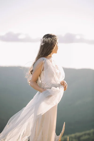 Дівчина з стрункою фігурою в довгій сукні варта профілю, тюлю, завіси, природи, гір — стокове фото