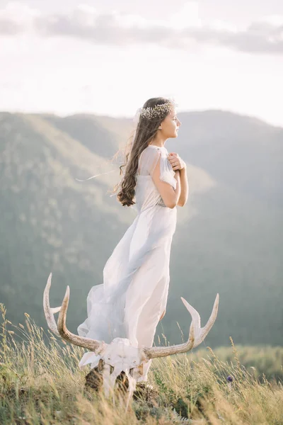 Belle fille avec une silhouette mince dans un long profil de robe sinueuse, tulle, voile, nature, montagnes, forêt, crâne de cerf avec des cornes près du pied, mariée, mariage — Photo