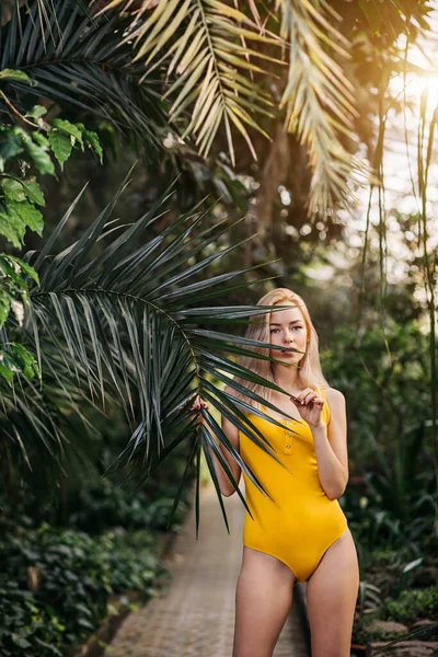 Sexy Fashion Portrait Beautiful Young Blonde Woman Yellow Swimsuit Exotic — Stock Photo, Image