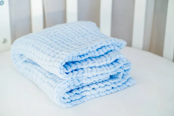 Soft Blue Muslin Blanket Cot Closeup — Stock Photo, Image