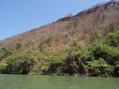 Meksika 'nın Chiapas eyaletindeki Grijalva nehri manzarasında Sumidero Kanyonu' nun egzotik yamacı 2018 'de açık mavi gökyüzü, güneşli kış günü, Kuzey Amerika' da Şubat ayında.