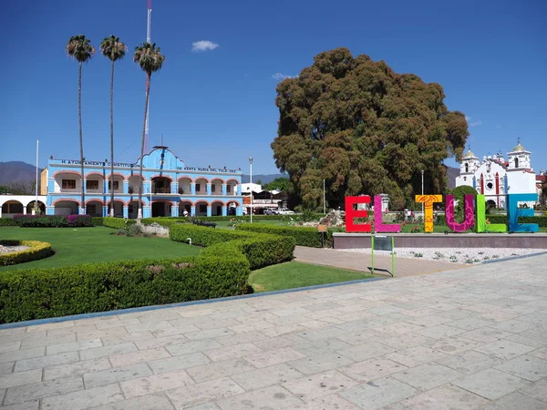 Schilderachtige belangrijkste plein voor het stadhuis en cipres boom met stoutest romp in Santa Maria del Tule stad in Mexico — Stockfoto