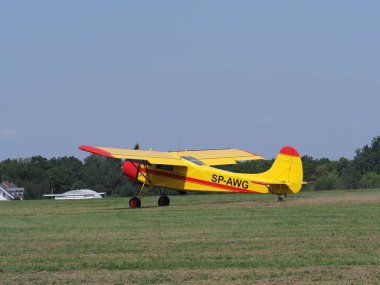 BIELSKO-BIALA, POLAND Temmuz 2018: Sarı Yakovlev Yak-12M SP-AWG uçağı çimenli havaalanına indi.