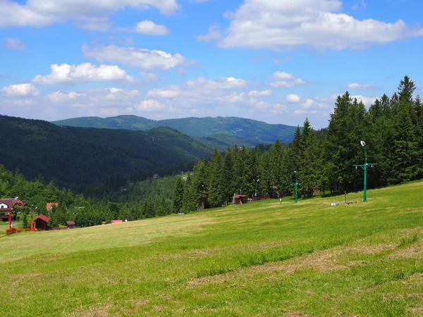 Paisaje rural de campo herboso y bosque en las montañas Beskid en Bialy Krzyz en POLONIA — Foto de Stock