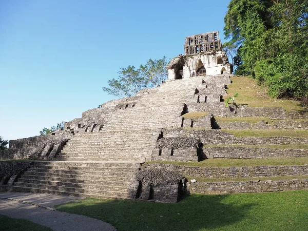 Templo pedregoso da pirâmide da cruz no parque nacional mayan antigo da cidade de Palenque no estado de Chiapas no México — Fotografia de Stock