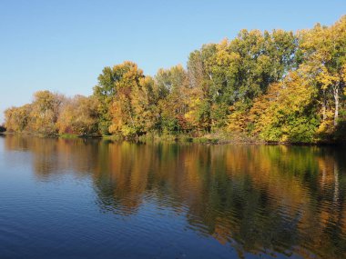 Landscapes of wonderful trees with water reflection at Wilanow park in european Warsaw city of Poland, clear blue sky in 2018 warm sunny autumn day on October.