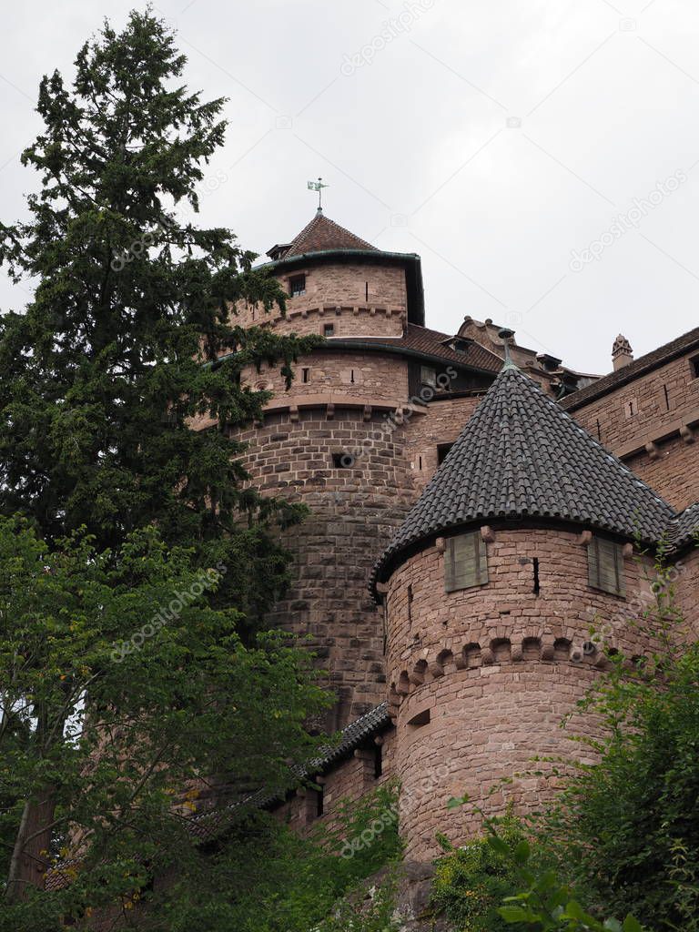 Tower of Koenigsbourg castle in european Orschwiller town of Alsace in France - vertical