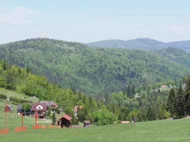 Beskid Dağları 'ndaki yeşil çimenli yamaçlar ve ormanlar Avrupa' nın Salmopol köyü, Polonya 'nın Bialy Krzyz kentindeki manzaraları kaplamaktadır..