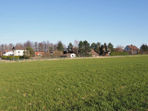 Green Meadow Houses European Bielsko Biala City Silesian District Poland — Foto Stock