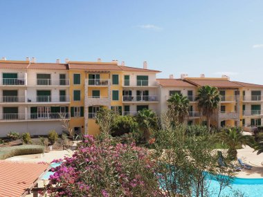 Cape Verde 'deki Afrika adasındaki renkli ve tropikal ağaçlar 2019' da açık mavi gökyüzü Mart ayında güneşli bahar günü.