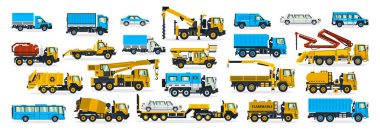 Büyük bir set İnşaat malzemeleri, Tekerlekli taşıma. İnşaat alanında hizmet veren arabalar. Crane, kargo teslim, otobüs, çöp kamyonu, benzin tankeri, su, çimento karıştırıcı. Vektör çizim