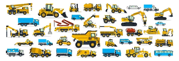 Um grande conjunto de equipamentos de construção, transporte para o local de construção, caminhão de carga, ônibus, escavadeira, guindaste, trator. Máquinas para serviços de construção. Envio de carros. Ilustração vetorial —  Vetores de Stock